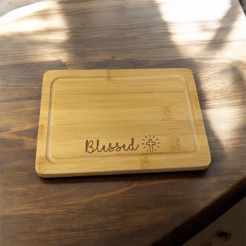 Bamboo Cutting Board with 'Blessed' Engraving Wood Serving Tray Charcuterie